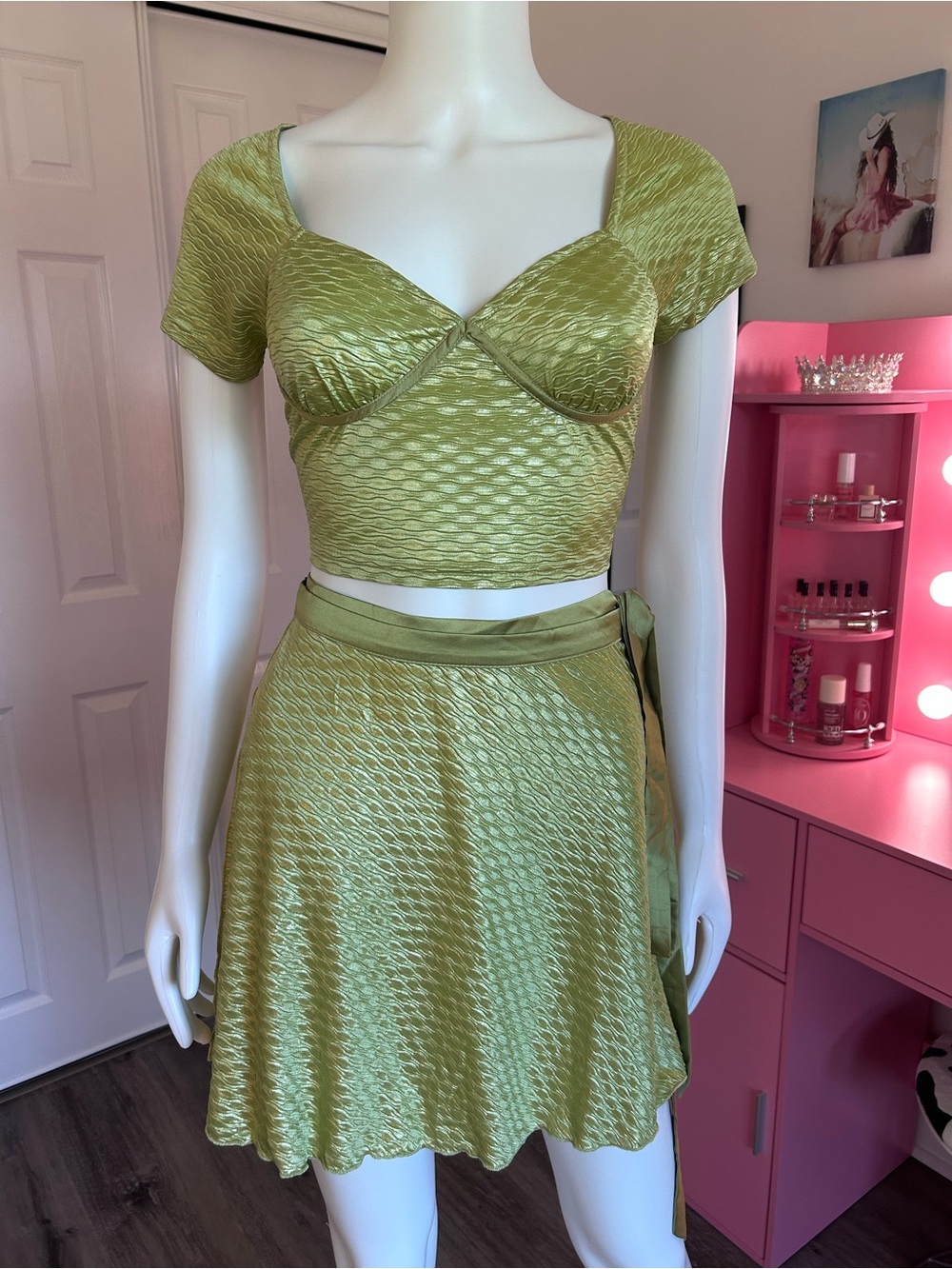 Cider Lime Green Textured Crop Top & Skater Skirt Set